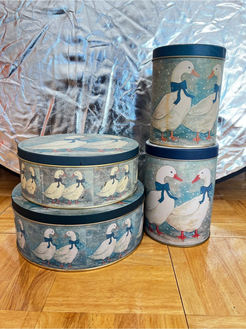 Vintage Country Geese Metal Nesting Canisters Tins Blue Bow Cottage Retro Cabin